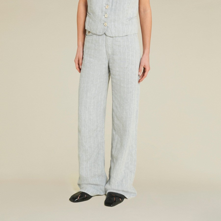 Trousers | LOIS Rosa R Linen Pinestripe High Rise Wide Leg Grey