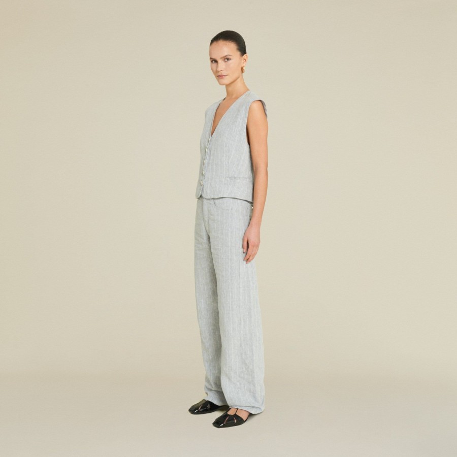 Trousers | LOIS Rosa R Linen Pinestripe High Rise Wide Leg Grey